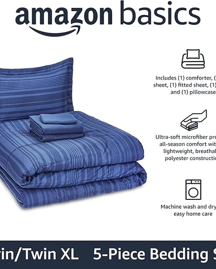 Amazon Basics Lightweight Microfiber Bed-in-a-Bag Comforter 5-Piece Bedding Set, Twin/Twin XL, Blue Calvin Striped - LeafyLoom