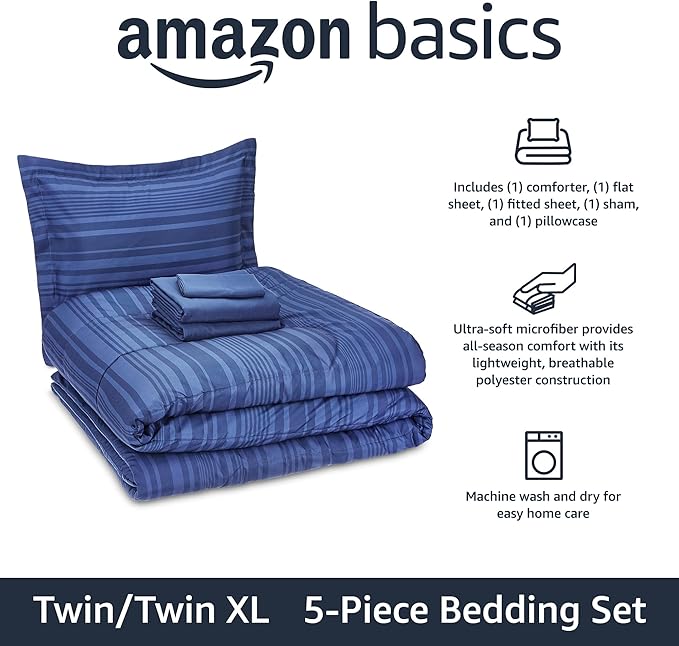 Amazon Basics Lightweight Microfiber Bed-in-a-Bag Comforter 5-Piece Bedding Set, Twin/Twin XL, Blue Calvin Striped - LeafyLoom