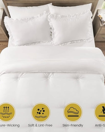 California King Bed in a Bag 7 Pieces Cal King Comforter Set, Ruffle Shabby Chic Bedding Comforter Set White Bed Set with Comforter, Pillowcases, Flat Sheet, Fitted Sheet and Pillow Shams - LeafyLoom