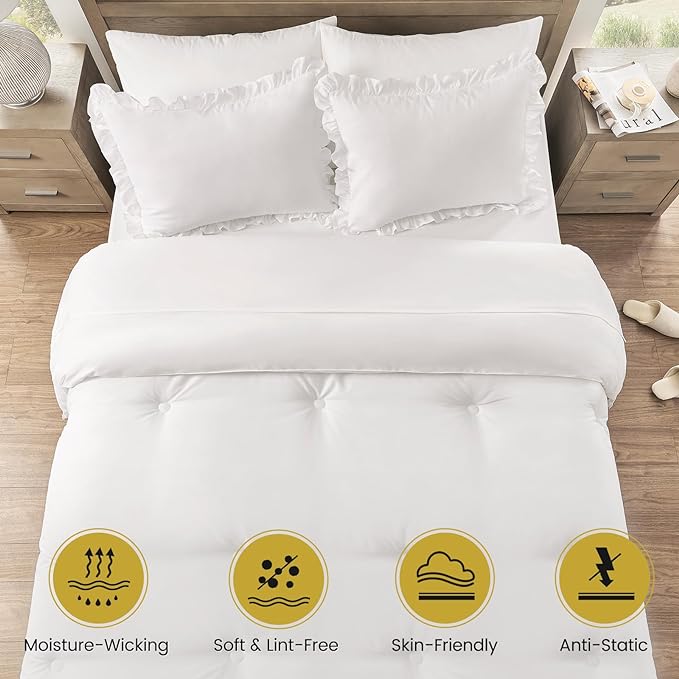 Twin Bed in a Bag 5 Pieces Comforter Set Twin, Ruffle Shabby Chic Bedding Comforter Set White Bed Set with Comforter, Pillowcase, Flat Sheet, Fitted Sheet and Pillow Sham - LeafyLoom