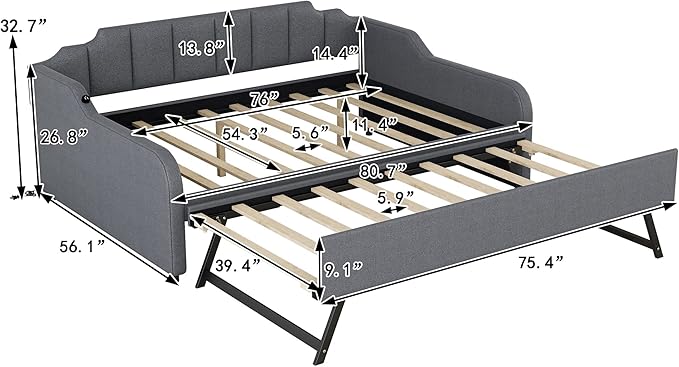 Full Size Daybed Frame with Pop up Trundle,Upholstered Day Bed with Charging Station,Daybed with Trundle Bed Full,Wood Sofa Bed Frame with USB for Bedroom, Living Room,Guest,Office,Full,Gray - LeafyLoom