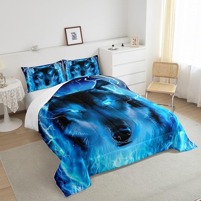 Wolf Bedding Set Safari Animal Pattern Comforter Cool Wildlife Style Comforter Set for Boys Girls Kids Room Decor Glitter Blue Wild Wolf Lightweight Duvet Set Full Size with 2 Pillow Case - LeafyLoom