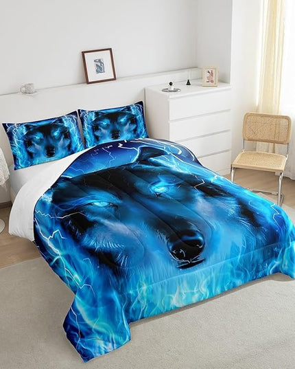 Feelyou Wolf Bedding Set Safari Animal Pattern Comforter Cool Wildlife Style Comforter Set for Boys Girls Kids Room Decor Glitter Blue Wild Wolf Lightweight Duvet Set Twin Size with 1 Pillow Case - LeafyLoom