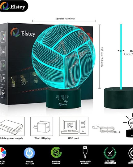 Elstey Volleyball 3D Lamp Optical Illusion Night Light, 7 Color Changing Touch Switch Acrylic Flat & ABS Base & USB Cable Decoration Lamps for Christmas Gift - LeafyLoom
