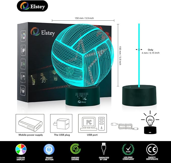 Elstey Volleyball 3D Lamp Optical Illusion Night Light, 7 Color Changing Touch Switch Acrylic Flat & ABS Base & USB Cable Decoration Lamps for Christmas Gift - LeafyLoom