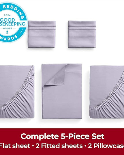 Mellanni Extra Deep Split King Sheets - 5 PC Iconic Collection Bedding Sheets & Pillowcases - Hotel Luxury, Ultra Soft, Cooling Bed Sheets - Extra Deep Pocket up to 21 inch (Split King, Lavender) - LeafyLoom