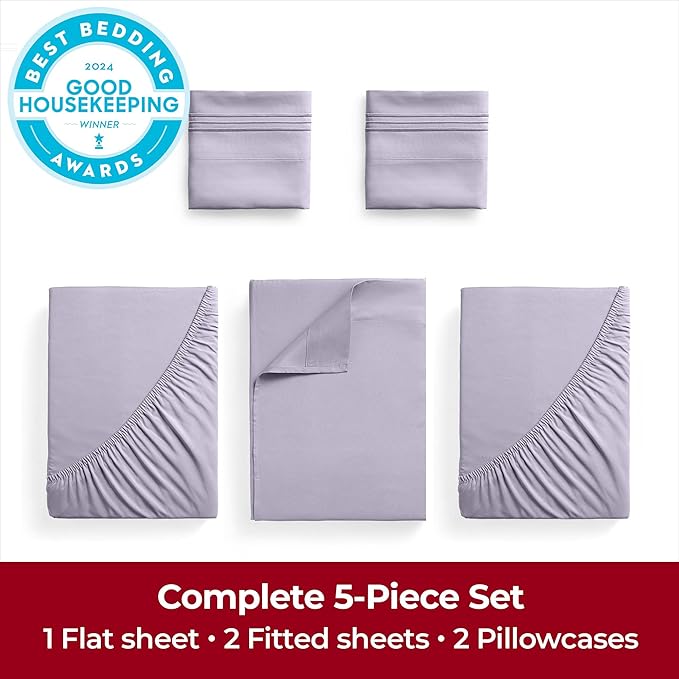 Mellanni Extra Deep Split King Sheets - 5 PC Iconic Collection Bedding Sheets & Pillowcases - Hotel Luxury, Ultra Soft, Cooling Bed Sheets - Extra Deep Pocket up to 21 inch (Split King, Lavender) - LeafyLoom