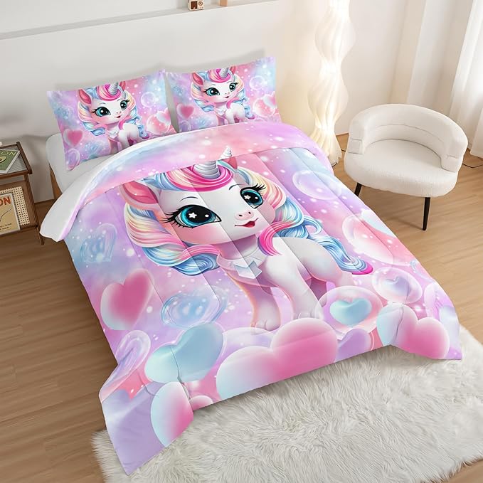 HOSIMA Unicorn Bedding Sets for Girls Teens,Cartoon Kawaii Unicorn Comforter Bubble and Love Heart Bedding Set,Fantasy Unicorn Bedroom Decor for Girls Pink Purple Queen Comforter Set. - LeafyLoom