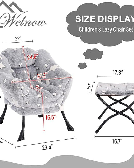 Welnow Toddler Kids Lazy Chair with Ottoman, Glow in The Dark Accent Comfy Lounge Children Armchair Couch with Removable Cover, Detachable Reading Chair with Footrest for Boy or Girl, Grey Star - LeafyLoom