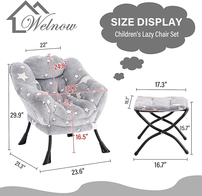 Welnow Toddler Kids Lazy Chair with Ottoman, Glow in The Dark Accent Comfy Lounge Children Armchair Couch with Removable Cover, Detachable Reading Chair with Footrest for Boy or Girl, Grey Star - LeafyLoom