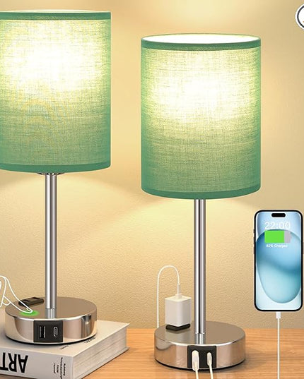 Green Bedside Table Lamps for Bedroom Set of 2 - Touch Nightstand Lamp with USB-A+C Charging Ports & AC Outlet - 3 Way Dimmable Small Desk Lamp White for Office, Living Room, Reading - LeafyLoom