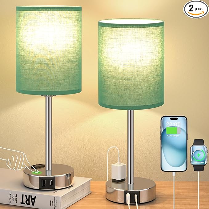 Green Bedside Table Lamps for Bedroom Set of 2 - Touch Nightstand Lamp with USB-A+C Charging Ports & AC Outlet - 3 Way Dimmable Small Desk Lamp White for Office, Living Room, Reading - LeafyLoom