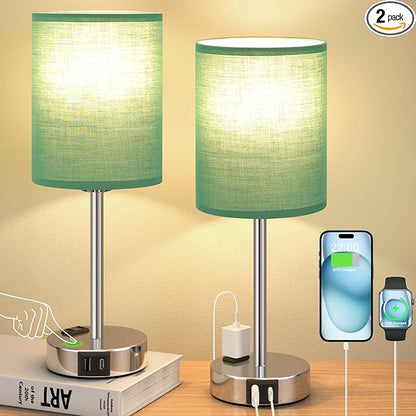Green Bedside Table Lamps for Bedroom Set of 2 - Touch Nightstand Lamp with USB-A+C Charging Ports & AC Outlet - 3 Way Dimmable Small Desk Lamp White for Office, Living Room, Reading - LeafyLoom