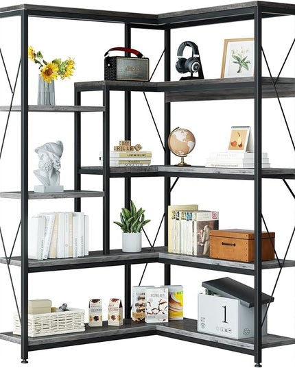 Shintenchi 5 Tiers Corner Bookshelf, 70.86" Tall L-Shaped Bookcase, Large Corner Etagere Bookcase, Corner Shelf Display Storage Rack with Metal Frame for Living Room Home Office, Grey - LeafyLoom