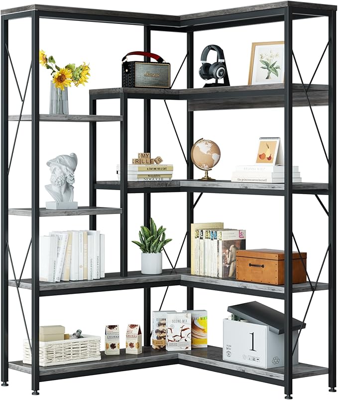 Shintenchi 5 Tiers Corner Bookshelf, 70.86" Tall L-Shaped Bookcase, Large Corner Etagere Bookcase, Corner Shelf Display Storage Rack with Metal Frame for Living Room Home Office, Grey - LeafyLoom