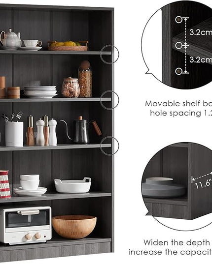 Farini Grey Bookshelf for Bedroom 5 Shelf Office Bookcase 60 Inches Tall Modern Wood Bookshelf for Living Room 5 Tier Wide Manga Bookshelf Library Bookcase - LeafyLoom