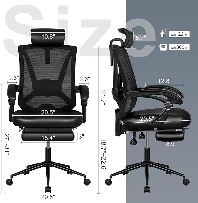 Misolant Ergonomic Office Chair with Footrest, Ergonomic Desk Chair with Adjustable 2D Lumbar Support, High Back Office Chair with Adjustable Headrest, Comfortable Leather Office Chair -Black - LeafyLoom
