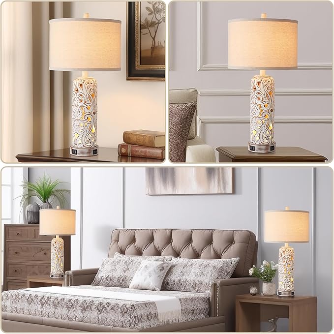 RORIANO Set of 2 Rustic Farmhouse Table Lamps for Living Room Bedroom, Vintage Bedside Lamp with Dual USB Port, Antique White Resin Retro Nightstand Lamps with Night Light, 2 Bulbs Include - LeafyLoom