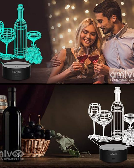 Wine Cup Wine Bottle 3D Night Light 16 Color Changing with Remote 3D Optical Illusion Lamp Birthday Christmas Gifts for Wife Husband Men Adults Home Wine Bar Christmas Decoration - LeafyLoom