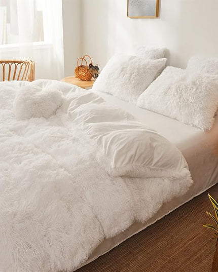 FOPPA Luxury Faux Fur Comforter Cover Set Ultra Soft Plush Bedding Sets 3 Pieces (1 Faux Fur Duvet Cover + 2 Faux Fur Pillow case) Zipper (White, Queen) - LeafyLoom