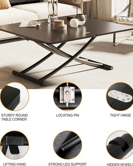 Multifunctional Lift Top Coffee Table Convertible to Folding Dining Table Space Saving Adjustable Height Rectangular Modern Coffee Table Wooden Top with Metal Legs, Black - LeafyLoom