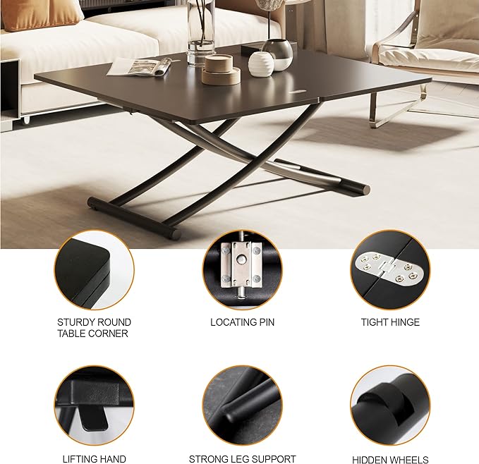 Multifunctional Lift Top Coffee Table Convertible to Folding Dining Table Space Saving Adjustable Height Rectangular Modern Coffee Table Wooden Top with Metal Legs, Black - LeafyLoom