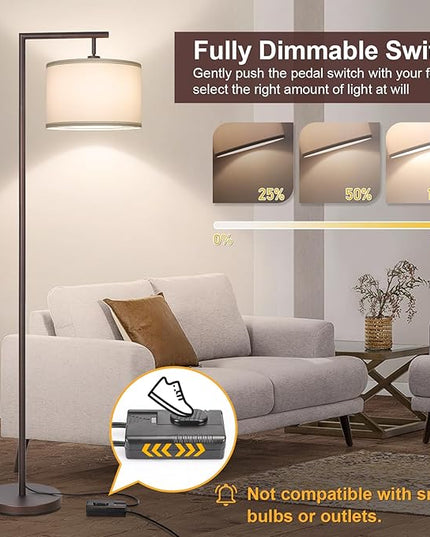 Fully Dimmable Floor Lamp, Brown Floor Lamp with Adjustable Hanging Shade & Foot Switch, Modern Arched Reading Lamp Corner Light Standing Lamp for Living Room, Office, LED Bulb Included - LeafyLoom
