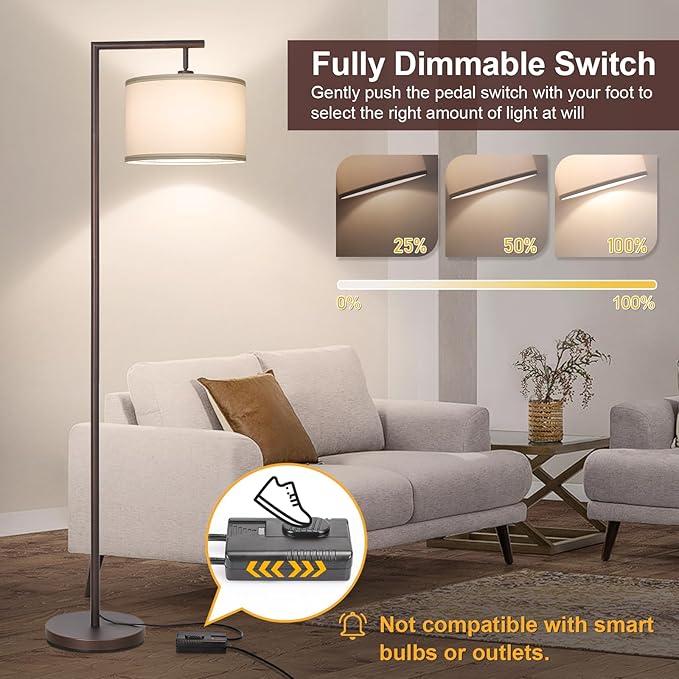 Fully Dimmable Floor Lamp, Brown Floor Lamp with Adjustable Hanging Shade & Foot Switch, Modern Arched Reading Lamp Corner Light Standing Lamp for Living Room, Office, LED Bulb Included - LeafyLoom