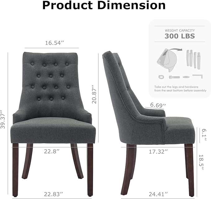 COLAMY Wingback Upholstered Dining Chairs Set of 2, Fabric Side Dining Room Chairs with Tufted Button, Living Room Chairs for Home Kitchen- Dark Grey - LeafyLoom