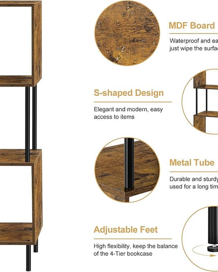 smusei 4 Tier Book Shelf Small Rustic Brown Bookshelf Organizer for Small Spaces S-Shaped Wood Corner Bookcase for Bedroom, Living Room, Study Room and Home Office - LeafyLoom