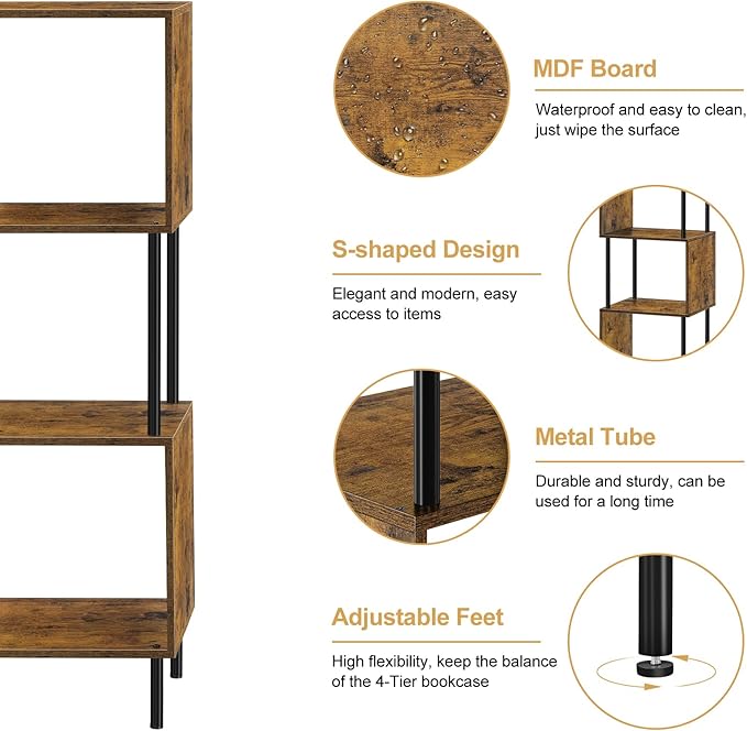 smusei 4 Tier Book Shelf Small Rustic Brown Bookshelf Organizer for Small Spaces S-Shaped Wood Corner Bookcase for Bedroom, Living Room, Study Room and Home Office - LeafyLoom