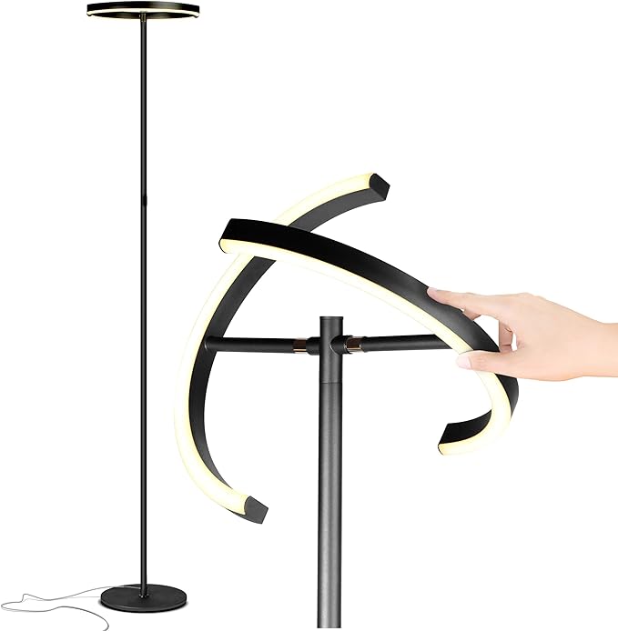 Brightech Halo Split Modern Bright LED Torchiere Floor Lamp for Offices - Dimmable, Tall Standing Lamp for Living Room or Bedroom - Adjustable Light w/Rotating Angles - Jet Black - LeafyLoom