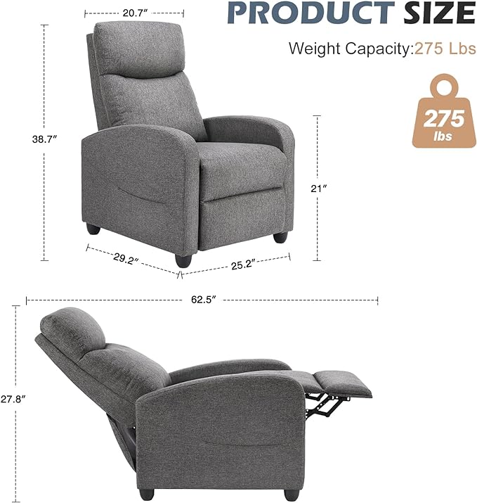 SMUG Recliner Chair Massage Reclining for Adults, Comfortable Fabric Recliner Adjustable Home Theater Seating Lounge with Padded Seat Backrest, Small Recliners for Living Room, Bedroom (Deep Grey) - LeafyLoom