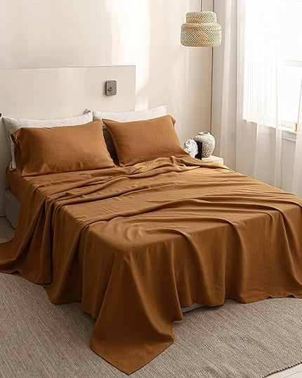 Simple&Opulence 100% Linen Sheet Set Solid Color-4 Pc Washed French Linen Bed Sheets Breathable Bedding Set-1 Flat Sheet,1 Fitted Sheet,2 Pillowcases (Full, Basic Rust) - LeafyLoom