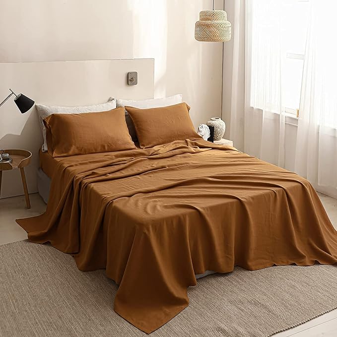 Simple&Opulence 100% Linen Sheet Set Solid Color-4 Pc Washed French Linen Bed Sheets Breathable Bedding Set-1 Flat Sheet,1 Fitted Sheet,2 Pillowcases (Full, Basic Rust) - LeafyLoom