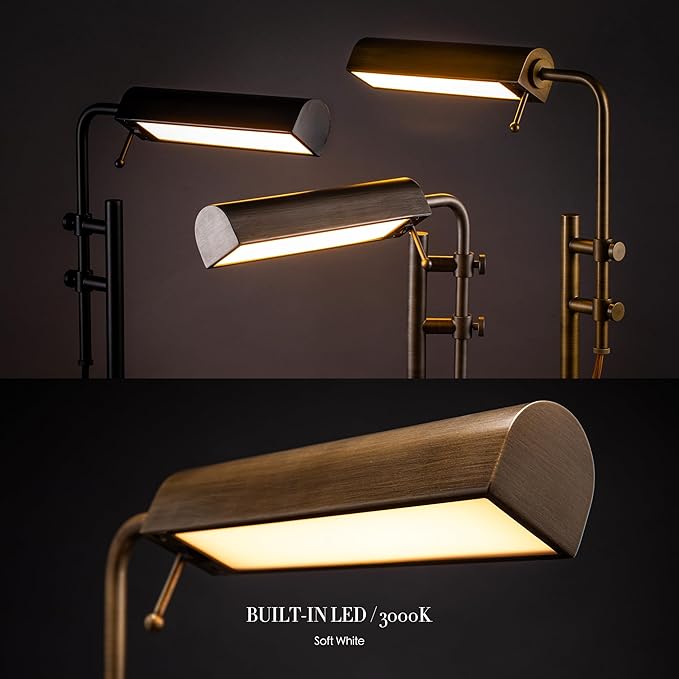 O'Bright Aurora LED Pharmacy Desk Lamp - Swing Arm, Industrial Design for Reading, Crafting, Work,10W LED, Adjustable Height 18.5-24.5 inches - Ideal for Living Room, Bedside, Office - Antique Brass - LeafyLoom