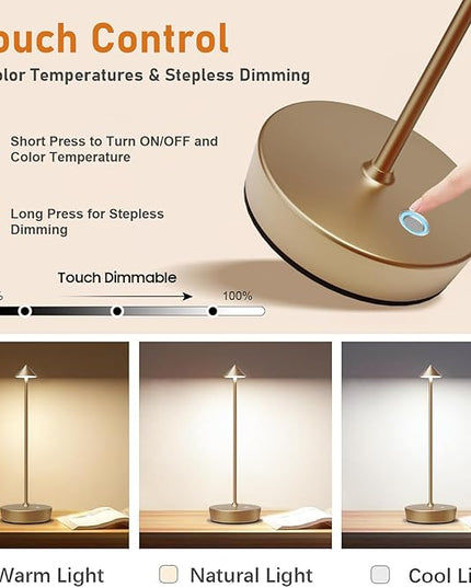Set of 2 Rechargeable Cordless Table Lamp,6000mAh LED Battery Operated Desk Lamp Touch 3 Color Dimming Portable Outdoor Waterproof Table Light for Patio/Restaurant/Dining/Home (Bronze) - LeafyLoom