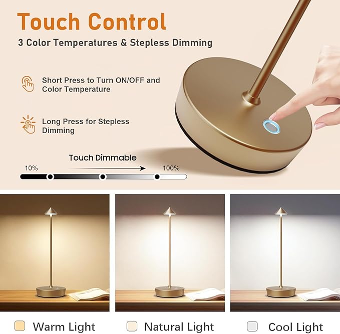Set of 2 Rechargeable Cordless Table Lamp,6000mAh LED Battery Operated Desk Lamp Touch 3 Color Dimming Portable Outdoor Waterproof Table Light for Patio/Restaurant/Dining/Home (Bronze) - LeafyLoom