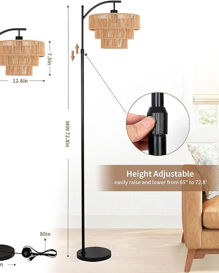 Arc Floor Lamp for Living Room with 3 Color Temperatures, Farmhouse Floor Lamps with Remote & Dimmable Bulb, Boho Standing Lamp with Rattan & 3-Tier Shades, Adjustable Tall Lamp for Bedroom,Corner - LeafyLoom