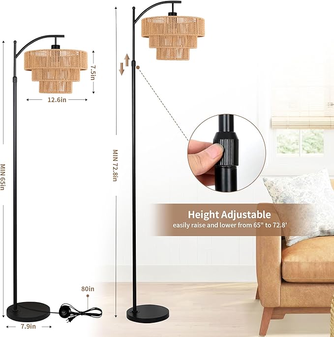 Arc Floor Lamp for Living Room with 3 Color Temperatures, Farmhouse Floor Lamps with Remote & Dimmable Bulb, Boho Standing Lamp with Rattan & 3-Tier Shades, Adjustable Tall Lamp for Bedroom,Corner - LeafyLoom