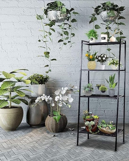 4-Tier Metal Ladder Shelf, Black Ladder Bookshelf Multifunctional Ladder-Shaped Plant Flower Stand Industrial Organizer Rack Storage Shelves for Living Room, Bedroom, Office - LeafyLoom