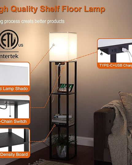 Floor Lamp with Shelves, Shelf Floor Lamps for Living Room with 2 USB Charging Ports and Power Outlet, 3CCT Modern Corner Square Display Standing Lamp 4-Tier Tall Bookshelf Lamp for Bedroom - LeafyLoom