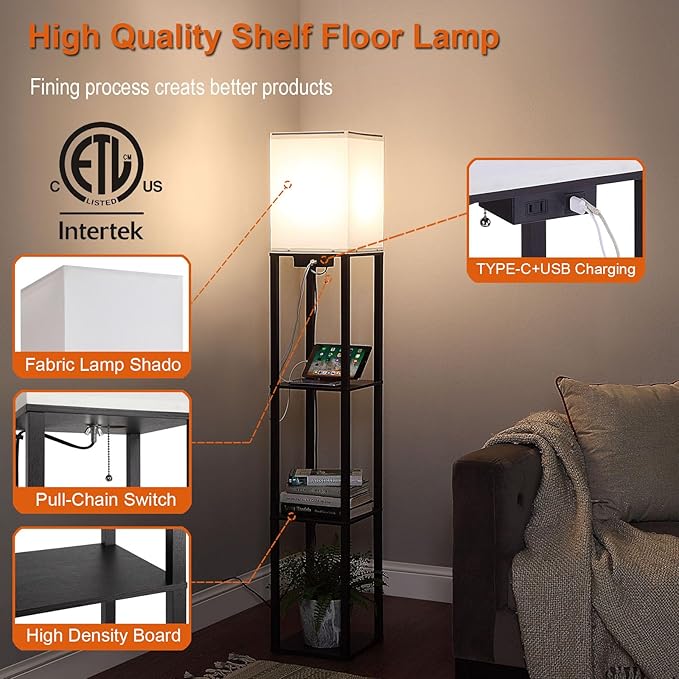 Floor Lamp with Shelves, Shelf Floor Lamps for Living Room with 2 USB Charging Ports and Power Outlet, 3CCT Modern Corner Square Display Standing Lamp 4-Tier Tall Bookshelf Lamp for Bedroom - LeafyLoom