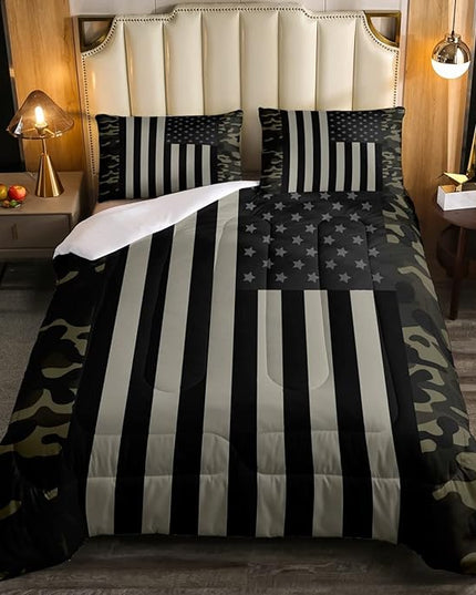 American Flag Comforter Set Full Military Camo Down Comforter,Retro Army Green Camouflage USA Flag Bedding Set For Kids Boys Teens Men Bedroom,Black Grey Stars Stripes Quilt Duvet Set 2 Pillow Cases - LeafyLoom