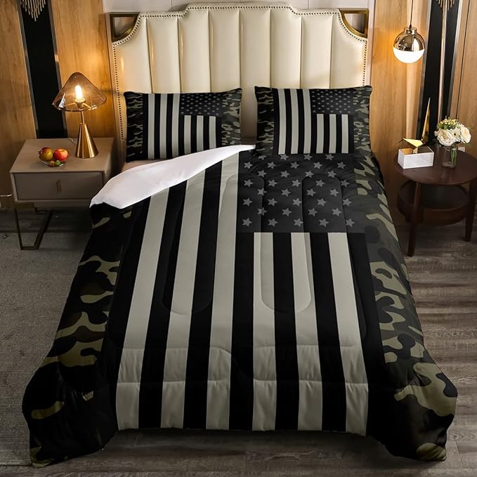 American Flag Comforter Set Full Military Camo Down Comforter,Retro Army Green Camouflage USA Flag Bedding Set For Kids Boys Teens Men Bedroom,Black Grey Stars Stripes Quilt Duvet Set 2 Pillow Cases - LeafyLoom