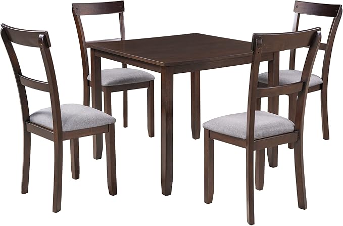 5 Piece Set Industrial Wooden Table and 4 Chairs, with High-Density Foam Burlap Upholstered Cushions for Dining, Living Room, and Kitchen, Easy to Assemble, Brown - LeafyLoom