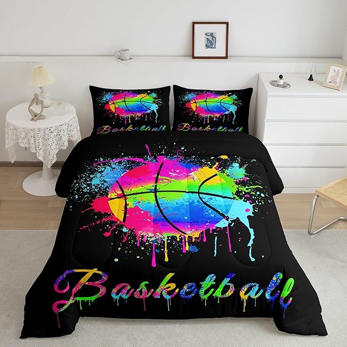Feelyou Kids Basketball Comforter Set Queen Size Gaming Sports Bedding Set for Boys Girls Teens Bedroom Decor Ball Games Tie Dye Comforter Gift for Basketball Lover Duvet Set with 2 Pillow Case - LeafyLoom