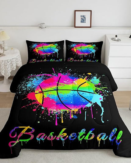 Feelyou Kids Basketball Comforter Set King Size Gaming Sports Bedding Set for Boys Girls Teens Bedroom Decor Ball Games Tie Dye Comforter Gift for Basketball Lover Duvet Set with 2 Pillow Case - LeafyLoom