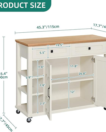 YITAHOME Kitchen Island with Storage Cabinet, Rolling Kitchen Cart on Wheels, Americana Kitchen Island Cabinet with Open Shelves for Kitchen Dining Room, Thicker Rubberwood Top, Off White - LeafyLoom