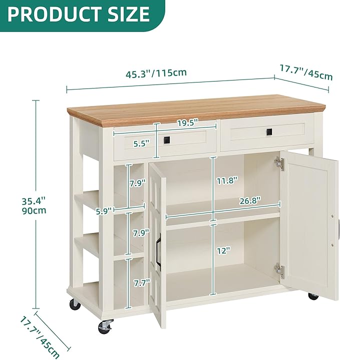 YITAHOME Kitchen Island with Storage Cabinet, Rolling Kitchen Cart on Wheels, Americana Kitchen Island Cabinet with Open Shelves for Kitchen Dining Room, Thicker Rubberwood Top, Off White - LeafyLoom
